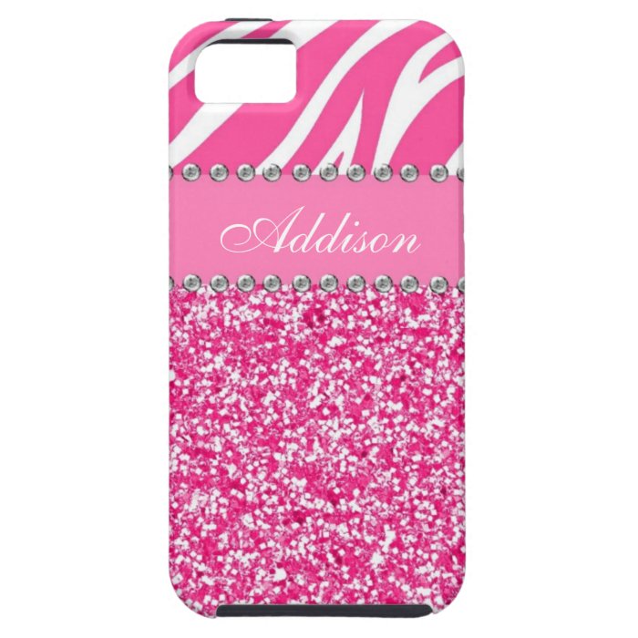 Hot Pink Glitter Zebra Print Rhinestone Girly Case iPhone 5 Cover