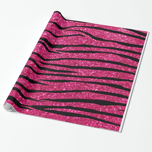 Hot pink glitter zebra stripes wrapping paper (Unrolled)