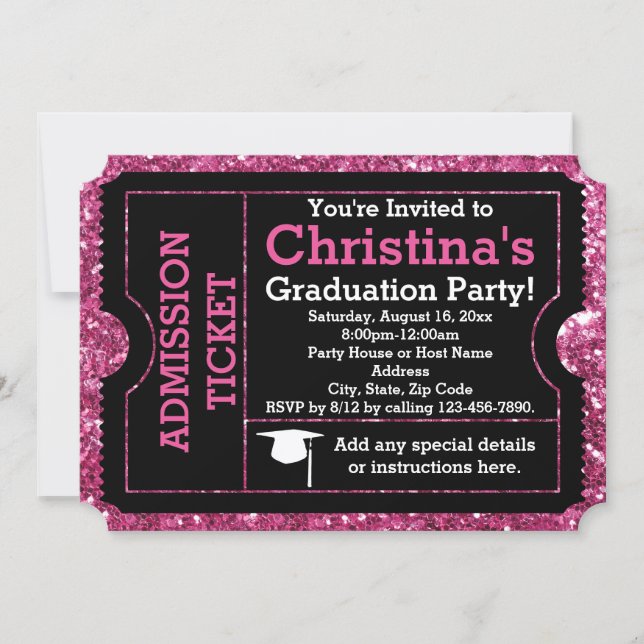 Hot Pink Glitz Graduation Party Ticket Invitation (Front)
