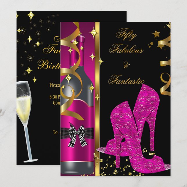 Hot Pink Gold 50 & Fabulous Fantastic Birthday Invitation (Front/Back)