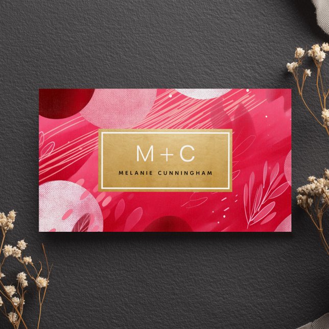 Hot Pink Gold Abstract Monogram Business Cards (Creator Uploaded)