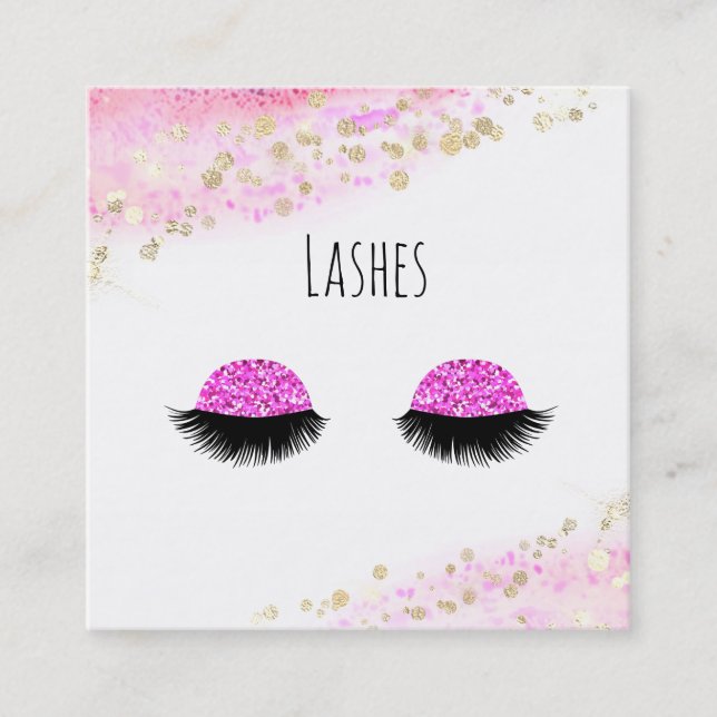 *~* Hot Pink Gold Abstract Pastel Glitter Lashes Square Business Card (Front)