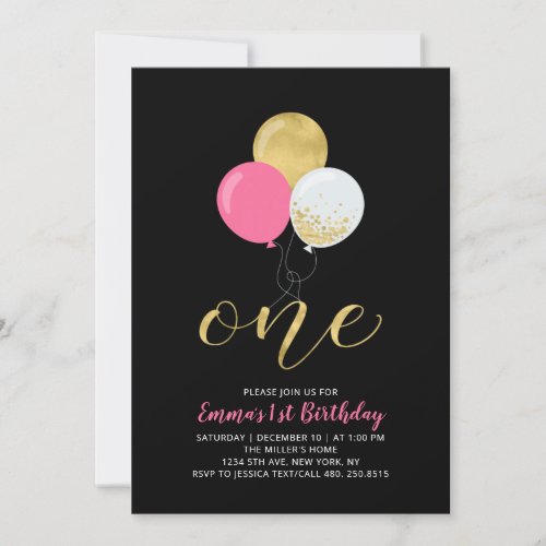 Hot Pink  Gold Balloons 1st Girl Birthday Party Invitation