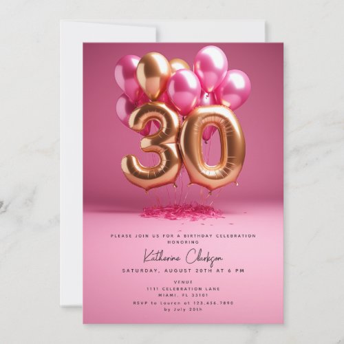 Hot Pink Gold Balloons 30th Birthday Party Invitation