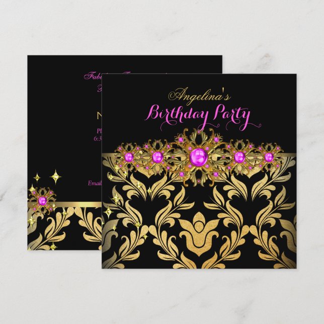 Hot Pink Gold Black Damask Birthday Party 2 Invitation (Front/Back)