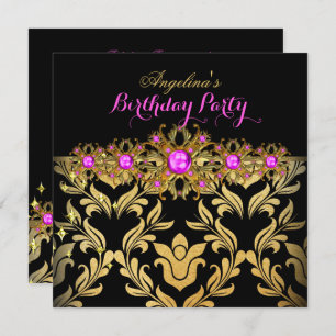 Hot Pink Gold Black Damask Birthday Party 2 Invitation