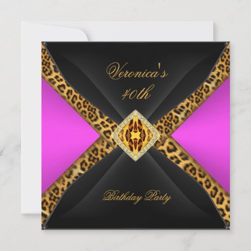 Hot Pink Gold Black Leopard Jewel 40th Birthday Invitation