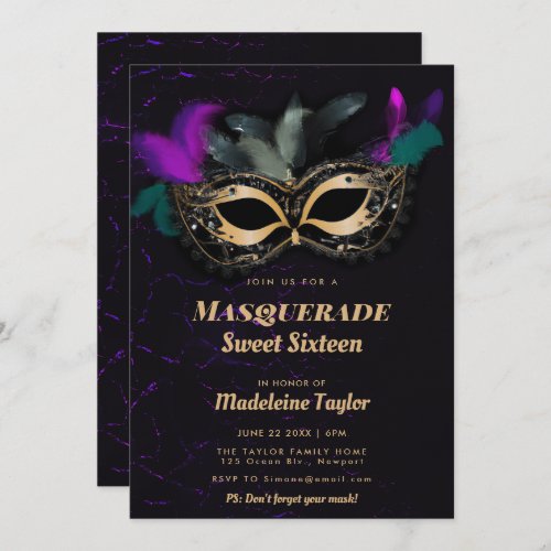 Hot Pink Gold Black Mask Masquerade Sweet 16 Party Invitation