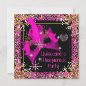 Hot Pink Gold Black Masquerade Quinceanera Party Invitation (Front)