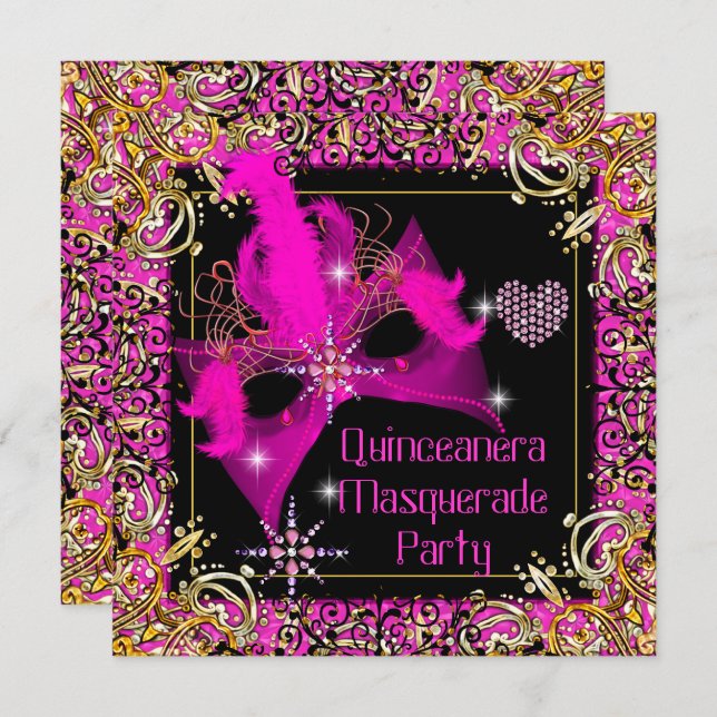 Hot Pink Gold Black Masquerade Quinceanera Party Invitation (Front/Back)