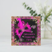 Hot Pink Gold Black Masquerade Quinceanera Party Invitation (Standing Front)