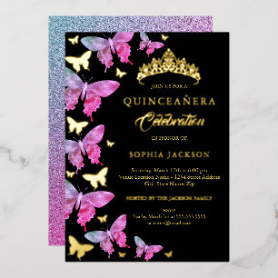 Hot Pink Gold Blue Butterfly Quinceanera Foil Invitation