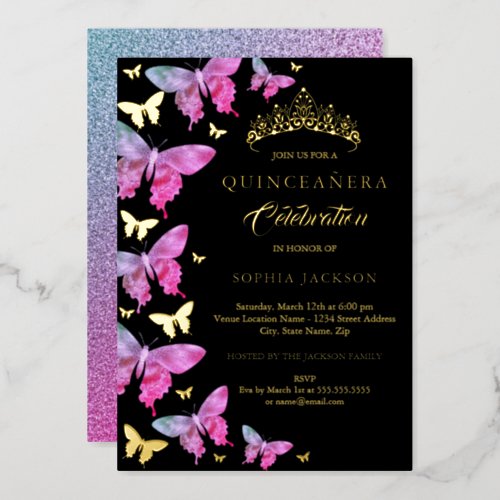 Hot Pink Gold Blue Butterfly Quinceanera Foil Invitation