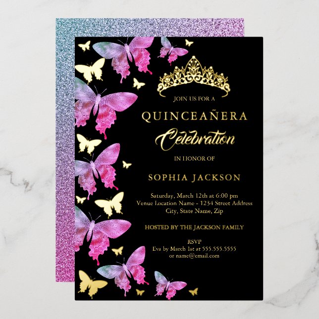 Hot Pink Gold Blue Butterfly Quinceanera Foil Invitation (Front/Back)