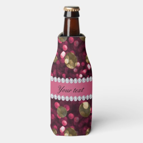 Hot Pink Gold Bokeh Faux Diamonds Personalized Bottle Cooler