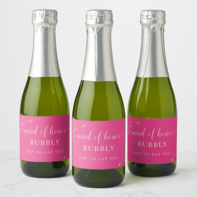 Hot Pink Gold Bridesmaid Proposal Sparkling Wine L Label (Bottles)