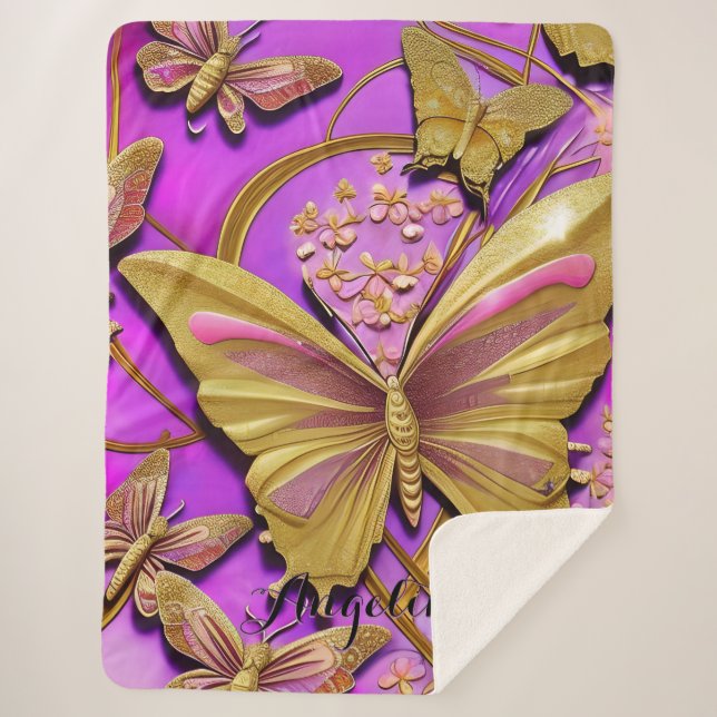 Hot Pink Gold Butterfly Personalized Name Sherpa Blanket (Front)
