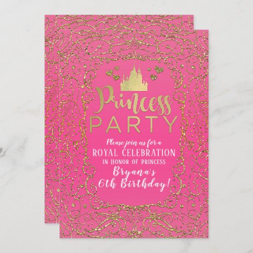 Hot Pink  Gold Castle PRINCESS PARTY Birthday Invitation