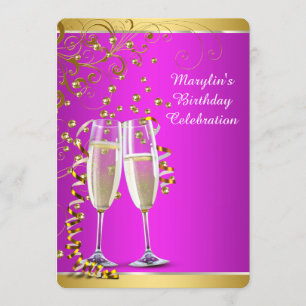 Hot Pink Gold Champagne Birthday Party Invitation