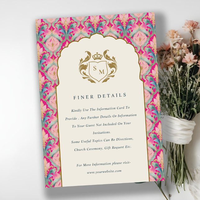 Hot Pink Gold Classy Floral Laurel Wedding Detail Enclosure Card (Creator Uploaded)