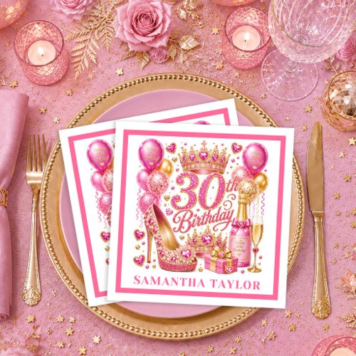 Hot Pink Gold Confetti 30th Birthday Napkins
