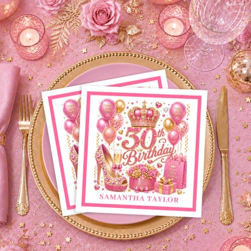 Hot Pink Gold Confetti 30th Birthday Napkins