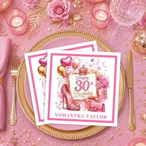 Hot Pink Gold Confetti 30th Birthday Party Napkins