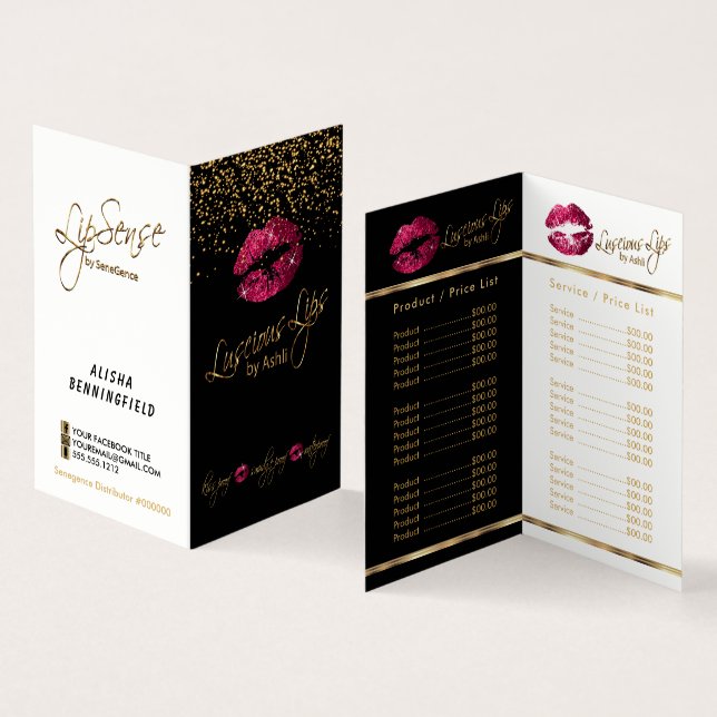Hot Pink & Gold Confetti Lip Price & Service List Business Card (Inside and Outside)