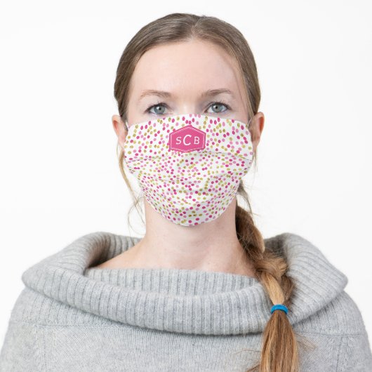 Hot Pink Gold Confetti Pattern 3 Initial Monogram Adult Cloth Face Mask (Worn)