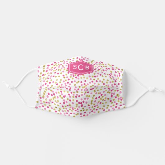 Hot Pink Gold Confetti Pattern 3 Initial Monogram Adult Cloth Face Mask (Front, Unfolded)