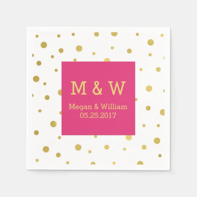 Hot Pink Gold Confetti Wedding Monogram Paper Napkins (Front)