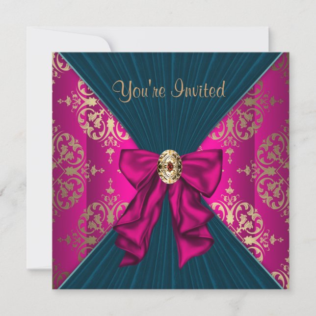 Hot Pink Gold Damask Black Tie Party Invitation (Front)