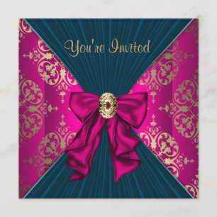 Hot Pink Gold Damask Black Tie Party Invitation
