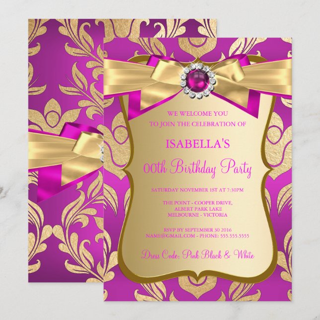 Hot Pink Gold Damask Bow Birthday Party Invite (Front/Back)