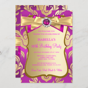 Hot Pink Gold Damask Bow Birthday Party Invite