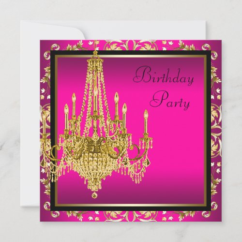 Hot Pink Gold Damask Chandelier Birthday Party Custom Invites