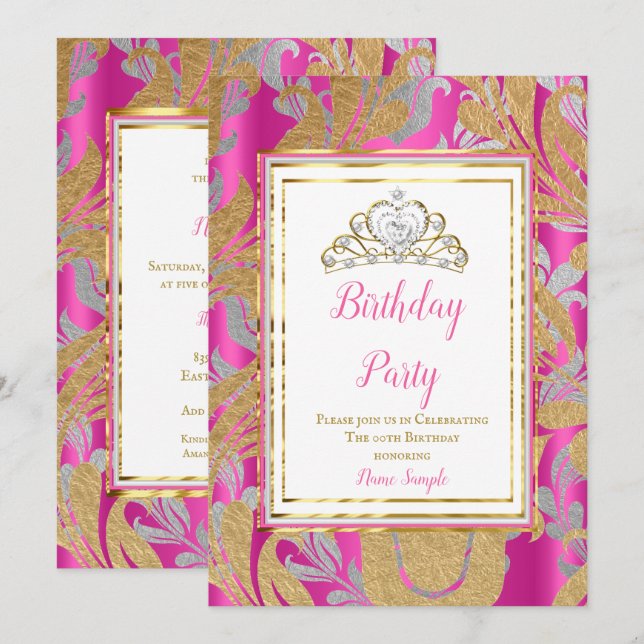 Hot Pink Gold Damask Gray Tiara Birthday Party Invitation (Front/Back)