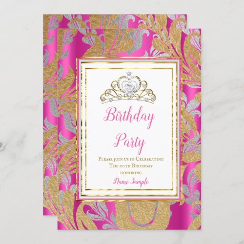 Hot Pink Gold Damask Gray Tiara Birthday Party Invitation