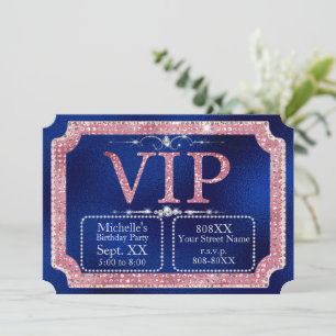 Hot Pink & Gold Diamonds Glitter Blue VIP Ticket Invitation