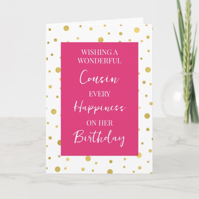 Hot Pink Gold Dots Cousin Birthday Card (Front)