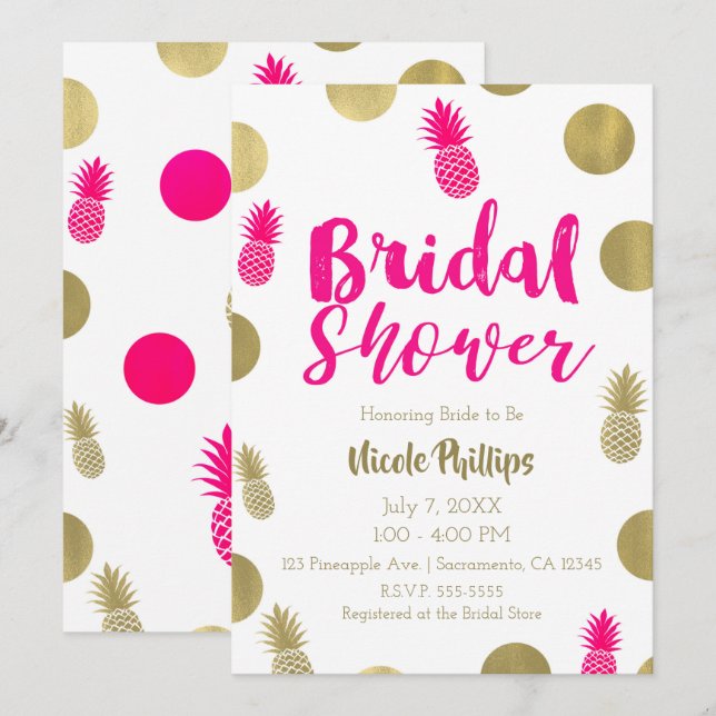 Hot Pink & Gold Dots & Pineapples Bridal Shower Invitation (Front/Back)