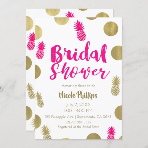 Hot Pink  Gold Dots  Pineapples Bridal Shower Invitation