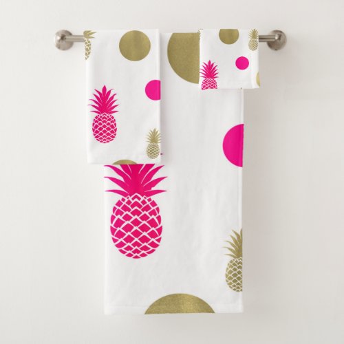 Hot Pink  Gold Dots  Pineapples Fun Summer Chic Bath Towel Set