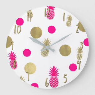 Hot Pink & Gold Dots & Pineapples Fun Summer Chic Large Clock
