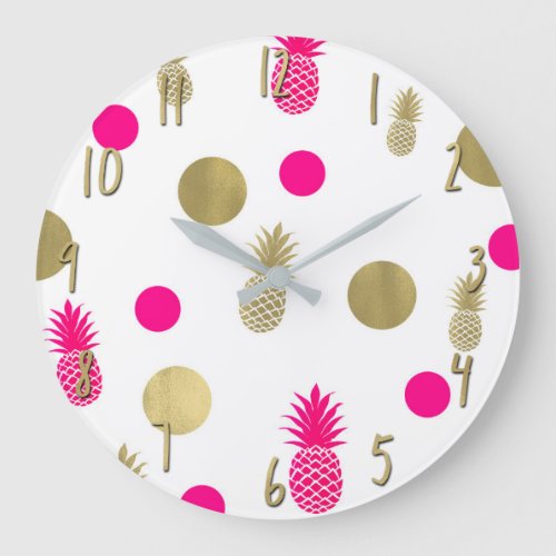 Hot Pink  Gold Dots  Pineapples Fun Summer Chic Large Clock