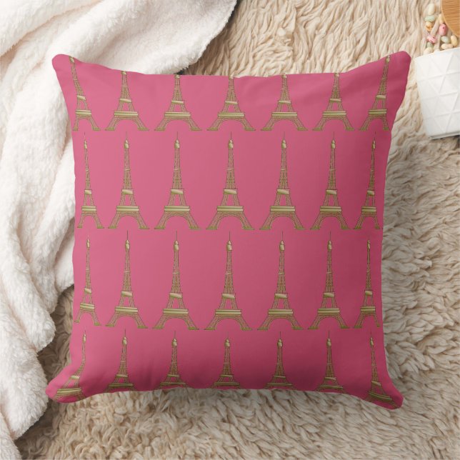 Hot Pink & Gold Eiffel Tower Throw Pillow (Blanket)