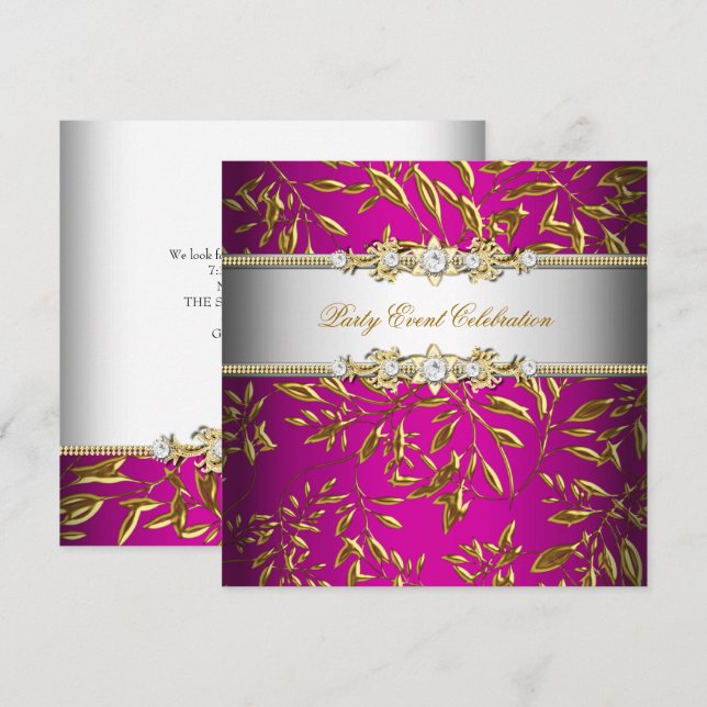 Hot Pink Gold Embossed Look Elegant Party Invitation (Front/Back)