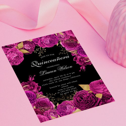 Hot Pink Gold Exclusive Floral Quinceanera  Invitation