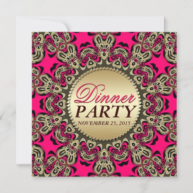 Hot Pink Gold Exotic Decorative Dinner Party Invitation (Front)