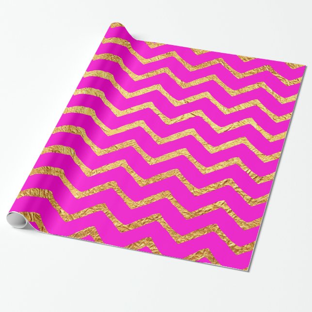 Hot Pink Gold Faux Foil Chevrons Metallic Chevron Wrapping Paper (Unrolled)